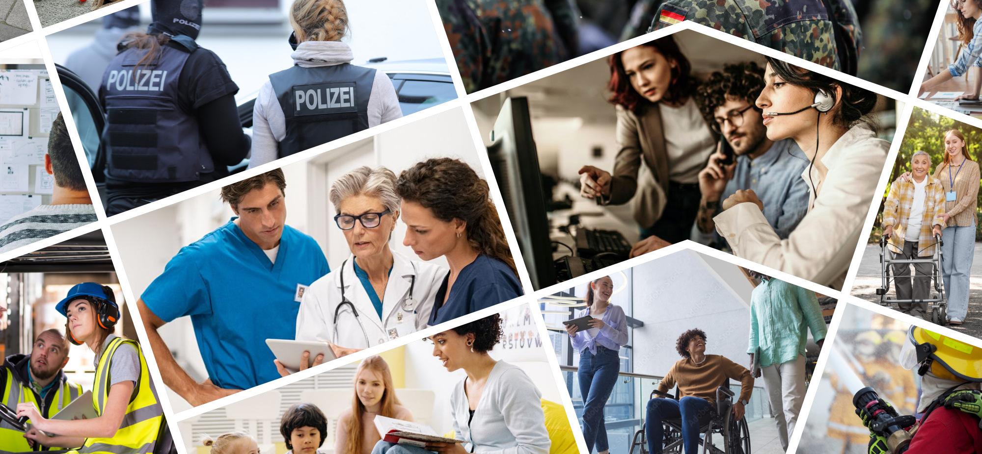 Collage mit Personen in Polizei- und Pflegekleidung, im Büro, im Callcenter, in Werkstattkleidung, im Unterricht, mit Rollstuhl und beim Löschen.