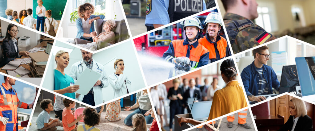 Collage mit Personen in Feuerwehr- und Pflegekleidung, im Büro, im Callcenter, in Werkstattkleidung, im Unterricht, beim Beten und bei der Bundeswehr.