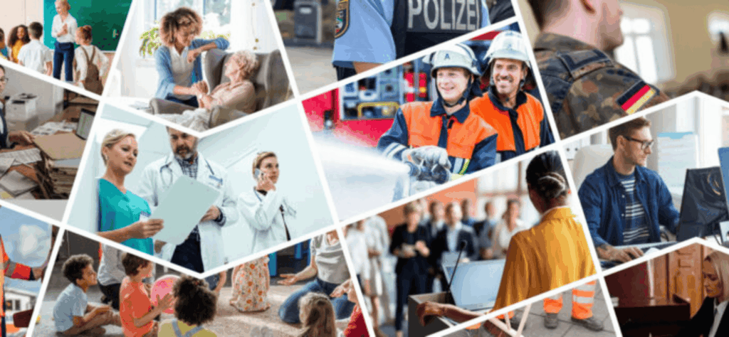 Collage mit Personen in Feuerwehr- und Pflegekleidung, im Büro, im Callcenter, in Werkstattkleidung, im Unterricht, beim Beten und bei der Bundeswehr.