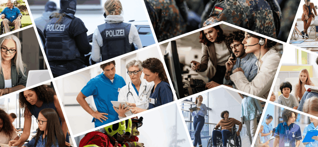 Collage mit Personen in Polizei- und Pflegekleidung, im Büro, im Callcenter, in Werkstattkleidung, im Unterricht, mit Rollstuhl und beim Löschen.